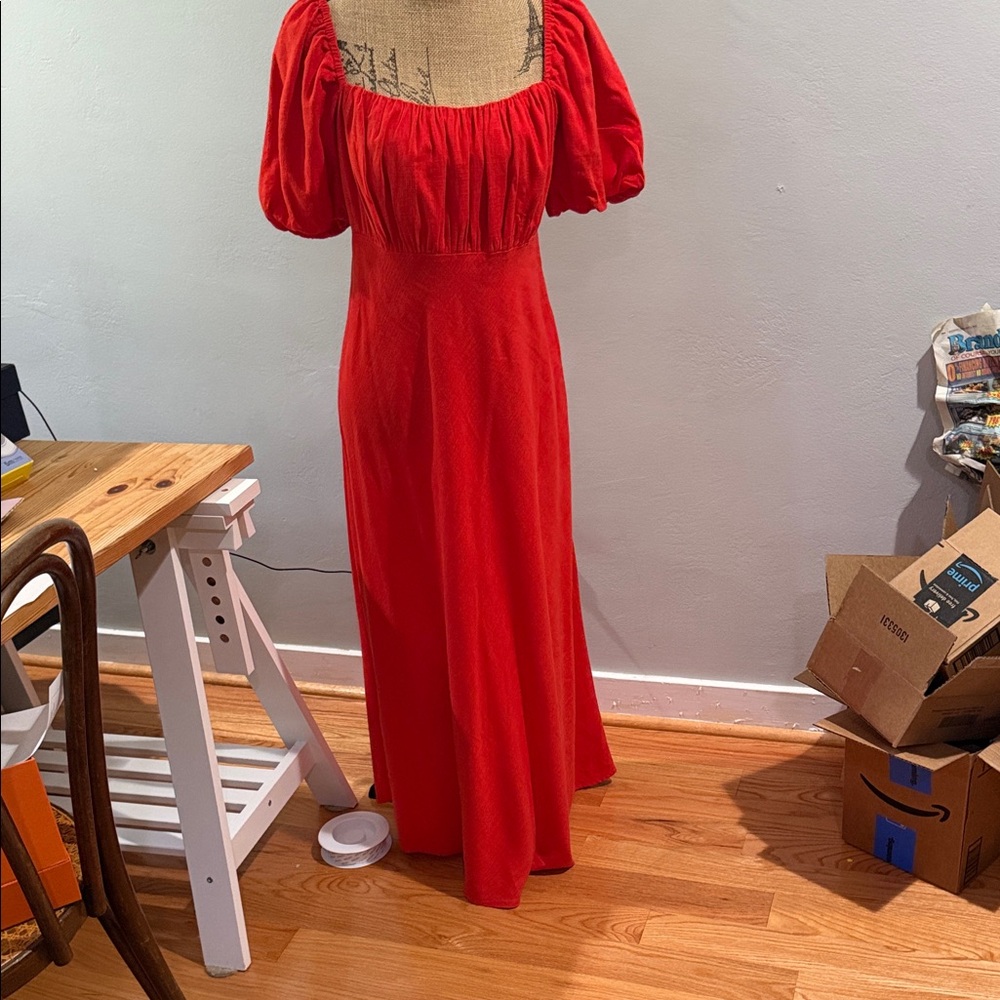 Biden linen Red Puff-Sleeve Maxi Dress size 10